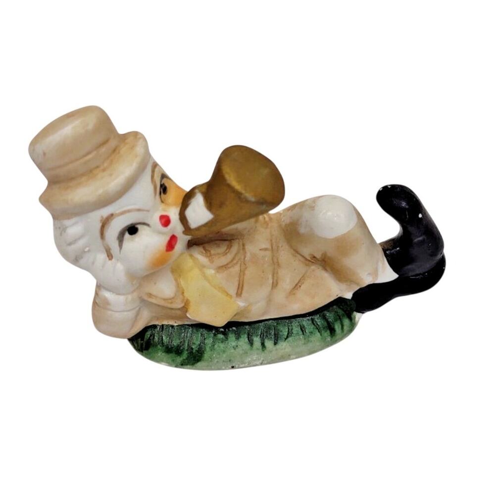 Vintage Lefton Bisque Porcelain Clown Figure with Horn & Top Hat 1980s
